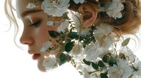 Young blonde woman in profile surrounded by white roses and green leaves creating dreamy floral portrait composition for beauty and nature concepts.