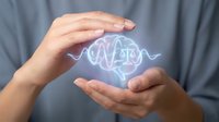 Protective hands surrounding glowing brain with sound waves, representing mental health care, neurology research, and cognitive protection in healthcare technology.