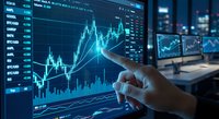 Financial analyst pointing at stock market chart on digital screen in modern trading office with multiple monitors displaying market data and analytics.
