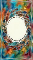 Watercolor feather wreath frame with tribal patterns on colorful background. Boho style border for text, invitations, greeting cards and decorative designs.