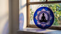 Stained glass meditation mandala with lotus petals and silhouette figure in peaceful pose on sunny windowsill creating colorful light reflections for mindfulness.