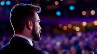Professional businessman in suit looking at colorful bokeh lights background, corporate leadership and vision concept for business presentations.