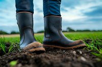 Black rubber boots on freshly plowed soil against blurred agricultural field and cloudy sky background, close-up view showing farming footwear in action.