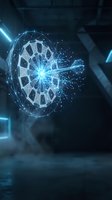 Futuristic digital target with glowing blue wireframe geometry and particle effects in dark technological environment for business presentations.