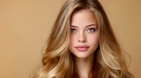 Young woman with flowing blonde hair and natural makeup against beige background, looking directly at camera with confident expression. Professional beauty portrait.