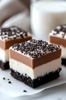 Layered dessert bar with chocolate cookie base, creamy white filling, milk chocolate top layer and chocolate sprinkles, served on white paper. Perfect for bakery menu.