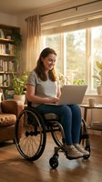 Woman with mobility disability using wheelchair working on laptop at home office with natural light from windows, plants, and bookshelves.