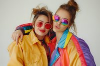 Two young women in vibrant 90s style windbreaker jackets and colorful sunglasses posing together, perfect for fashion, lifestyle and friendship concepts in retro aesthetic design.