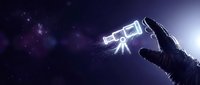 Gloved hand holding glowing neon telescope against starry night sky, exploring cosmos and discovering universe through astronomy and space observation.
