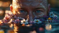 Close up portrait of young Caucasian male with intense blue eyes emerging from water surrounded by floating flowers, creating dreamy atmospheric scene at sunset.