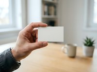 Male hand holding blank white business card in modern office interior with wooden desk and window light.