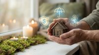 Hands holding miniature wooden house with digital insurance icons including umbrella, shield, and money symbol displayed above, representing home protection and financial security concepts.