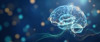 Digital brain with glowing neural networks on dark blue background with bokeh lights. Artificial intelligence and machine learning concept.