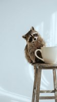 Adorable raccoon sitting beside white coffee cup on wooden stool against neutral background with natural lighting for home decor and lifestyle designs.