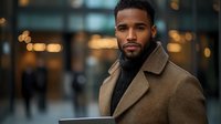 Young African American businessman in beige coat standing outdoors at dusk with blurred city lights and modern architecture background, expressing confidence and success.