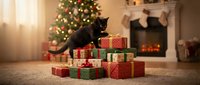 Black cat playing with wrapped gift boxes under decorated tree in cozy living room during holiday season. Perfect for festive greeting cards and seasonal marketing.