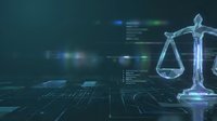 Digital justice scales hologram with data analytics dashboard background for legal technology and law firm presentations.