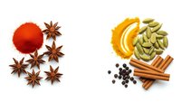 Aromatic spices collection with paprika, star anise, turmeric, cardamom, cinnamon sticks and black pepper isolated on white background for cooking.