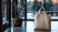 Minimalist beige leather tote bag on wooden floor near window with natural light and decorative branches in wicker basket creating modern interior scene.