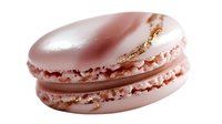 Pink macaron with gold flecks isolated on white background. French pastry dessert with smooth glossy shell and textured feet for bakery and culinary designs.