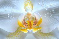 Extreme macro photography of white orchid flower center showing detailed pistil and stamen structure with yellow spotted patterns and soft ethereal glow.