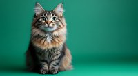 Majestic long-haired tabby cat with bright blue eyes sitting against emerald green background, looking up with alert expression. Professional pet portrait with copy space.