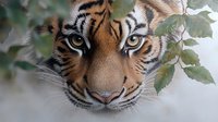 Close up portrait of majestic tiger face with intense blue eyes peering through green foliage, showing detailed fur texture and distinctive stripe markings in soft lighting.