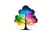 Rainbow colored tree silhouette with watercolor dripping effect against white background, featuring vibrant spectrum of colors from blue to purple, green and yellow.