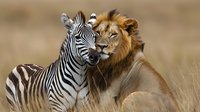 Male lion with golden mane embracing zebra in grassland savanna showing unusual friendship between predator and prey animals in wildlife nature scene.