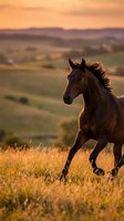 Majestic brown horse galloping through golden grassland at sunset with warm light illuminating flowing mane against rolling hills countryside landscape.