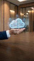 Businessman holding glowing cloud computing hologram with storage, security and network icons above office table, digital technology concept.