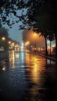 Rainy evening street with glowing lanterns reflecting on wet asphalt, tree silhouettes against moody twilight sky create atmospheric urban scene.