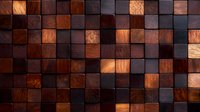 Mosaic pattern of wooden blocks in varying shades of dark brown and copper creates dimensional textured surface with natural wood grain detail. Seamless design for interior decor.