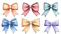 Watercolor bows in pastel colors - orange, pink, mint, blue, beige and purple on white background. Decorative elements for greeting cards and design projects.
