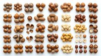 Assorted nuts collection arranged in rows displaying various types including hazelnuts, macadamia, almonds and walnuts on white background for food and nutrition design projects.