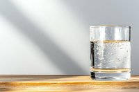 Glass of pure water with bubbles on wooden table against light gray wall with dramatic shadow, minimalist composition for healthy lifestyle concept.