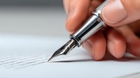 Close-up of hand holding elegant fountain pen signing document on white paper, demonstrating business agreement or contract formalization.
