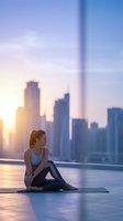 Young athletic woman in sportswear sitting on yoga mat during sunrise workout on urban rooftop with city skyline backdrop for fitness and wellness lifestyle.