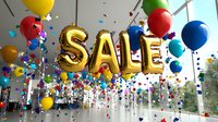 Festive gold foil SALE balloons with colorful party balloons and confetti floating in bright interior space. Retail promotion and special offer celebration concept.