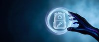 Technician hand holding glowing digital sphere with gear and wrench icons, representing maintenance, repair services, technical support, and industrial solutions for business applications.