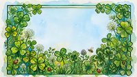 Watercolor frame with green shamrocks, clover flowers, a bee, and ladybugs on a soft blue background, perfect for St. Patricks Day cards.