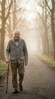 Senior man with white hair and Caucasian ethnicity walking on tree-lined path with walking stick, wearing cardigan and trousers for active lifestyle and wellness concepts.