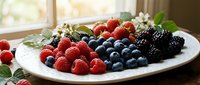 Fresh mixed berries platter with raspberries, blueberries and blackberries on white plate, healthy organic fruit arrangement for breakfast or dessert.