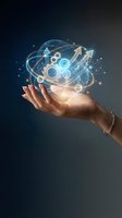 Hand holding glowing digital globe with gears, arrows, and network connections representing business growth, technology innovation, and digital transformation solutions.