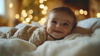 Smiling baby lying on soft blanket with warm bokeh lights in background creating cozy holiday atmosphere. Close up portrait shows joy and innocence.