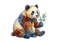 Watercolor illustration of a sitting giant panda holding bamboo leaf, rendered in warm earth tones and cool blues. Isolated on white background, suitable for children's books, nursery decor, and educational materials.