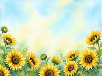 Watercolor sunflowers border frame with blue sky background for greeting cards, invitations and seasonal designs.