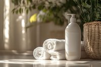 White rolled spa towels and cosmetic bottle near wicker basket in sunlit bathroom interior with green plants, creating serene wellness atmosphere.