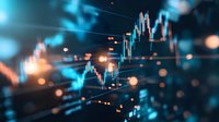 Financial market data visualization with glowing blue candlestick chart and trend lines against dark background showing stock price movements and trading analysis.