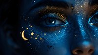 Magical close up of woman face with blue cosmic makeup, golden moon and stars pattern, glowing glitter details on dark skin. Creative fantasy art portrait.